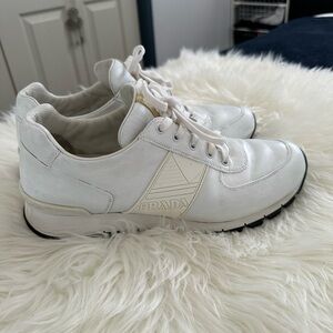 Prada White Leather Sneakers with Cream Logo Panel men’s sz 10